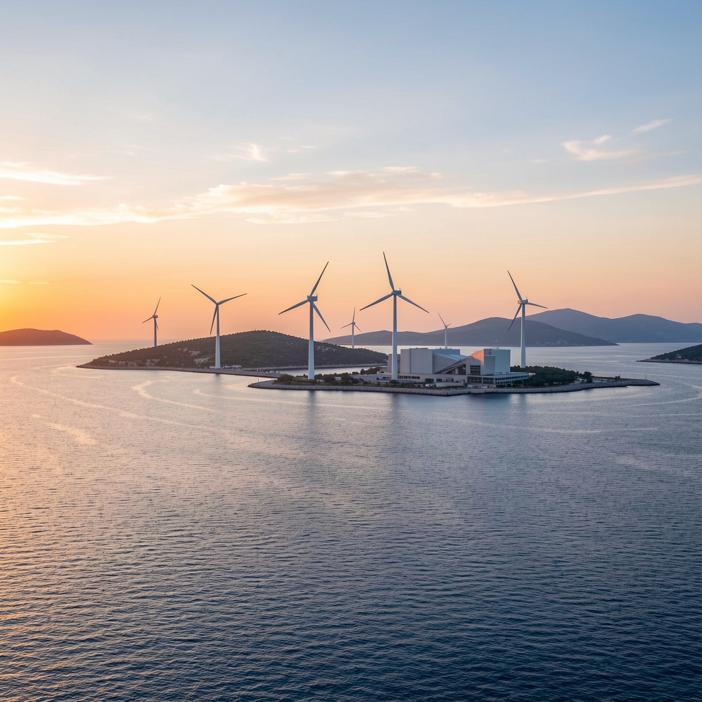 Vjetroturbine uzduž jadranske obale u zalasku sunca, moderna energetska postrojenja na pozadini plavih otoka, Dalmacija, Hrvatska