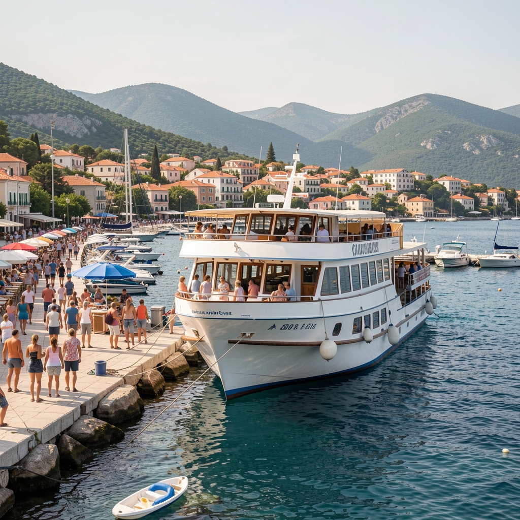 Grafički prikaz turističkih dolazaka u Hrvatsku po godinama, mapa jadranske obale s označenim turističkim odredištem
