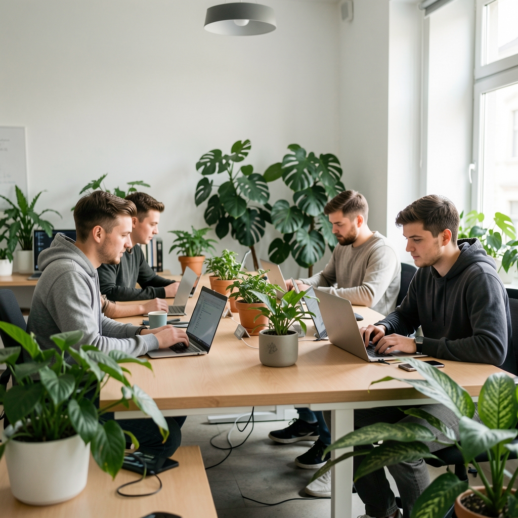 Mladi profesionalci u modernom co-working prostoru u Zagrebu rade na laptopima, sunčeva svjetlost prolazi kroz velike prozore