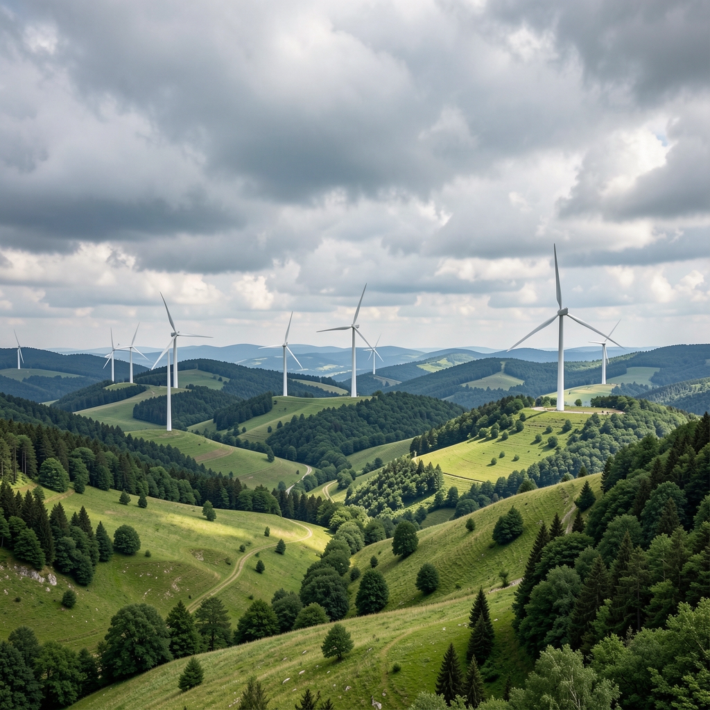 Vjetropark u planinskom kraju Hrvatske, turbine na zelenim brdima pod oblačnim nebom