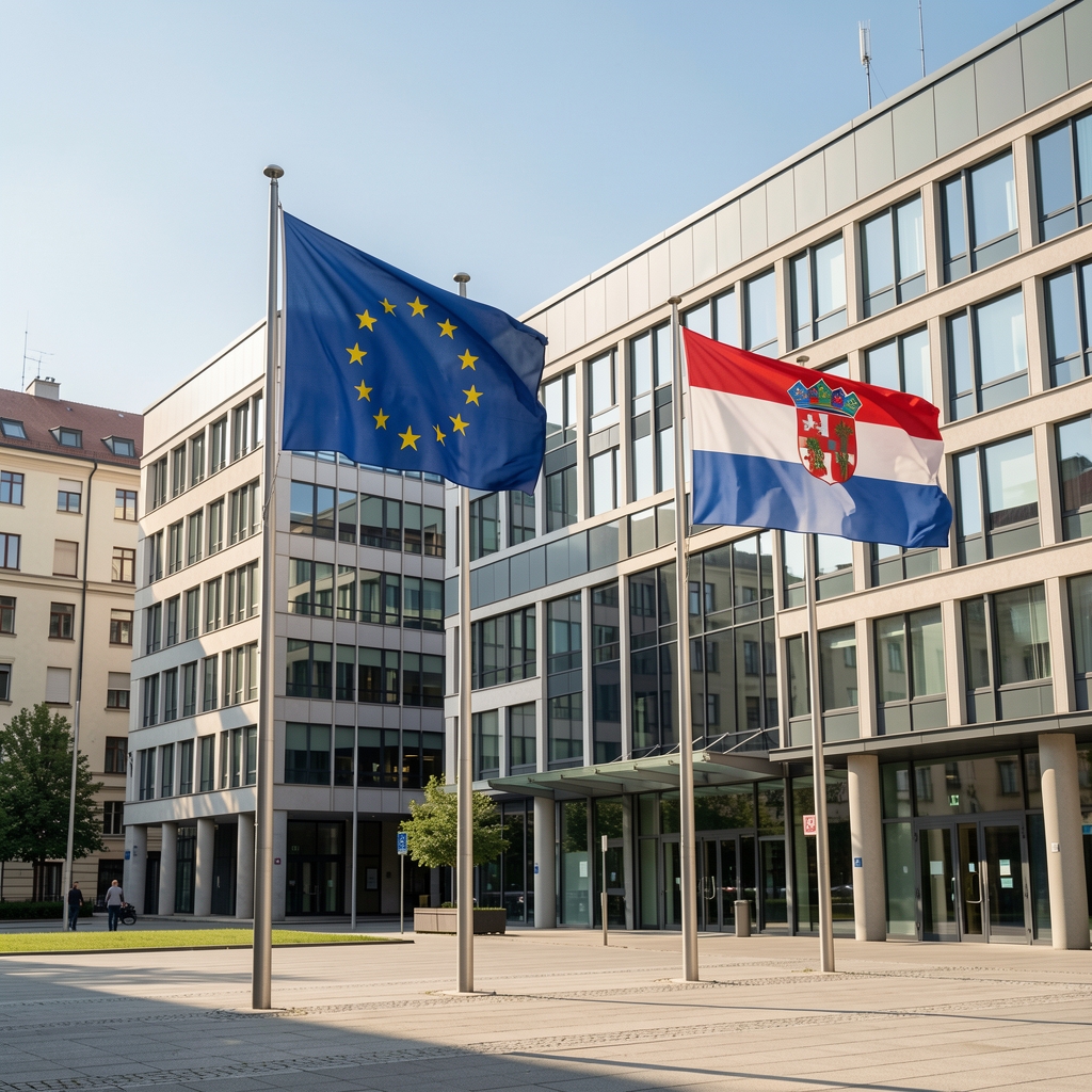 Zastave EU i Hrvatske ispred modernih ureda u Zagrebu, vedro sunčano jutro
