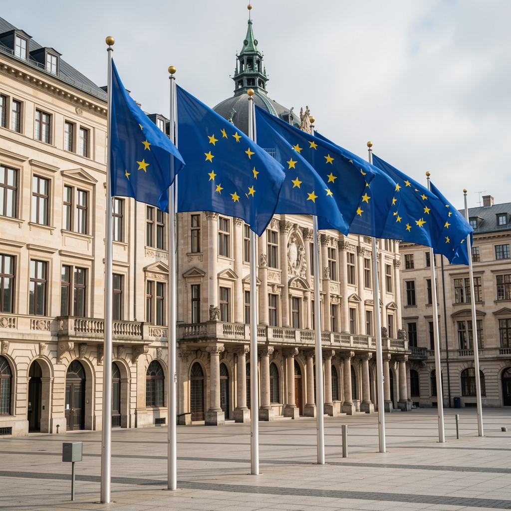 Europski parlament u Strasbourgu viđen izvana, zastave EU i zemalja članica ispred ulaza, modro nebo u pozadini