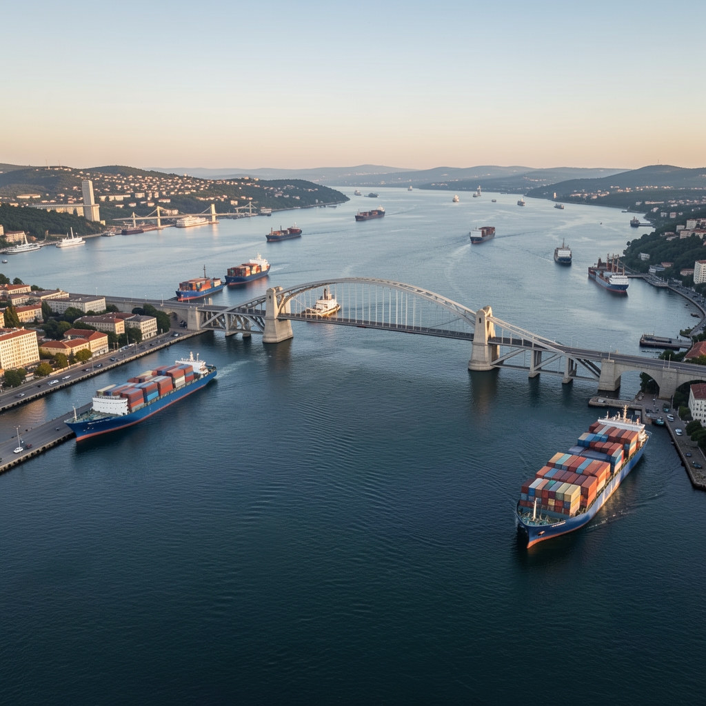 Pogled iz zraka na luku Rijeka s brodovima i kontejnerima, vedro jutarnje svjetlo