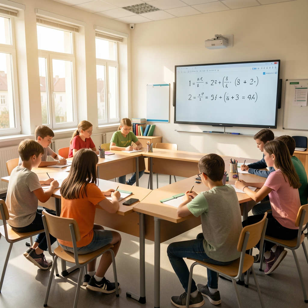 Djeca u modernoj učionici s tabletima i digitalnim pločama, osnovna škola u Hrvatskoj