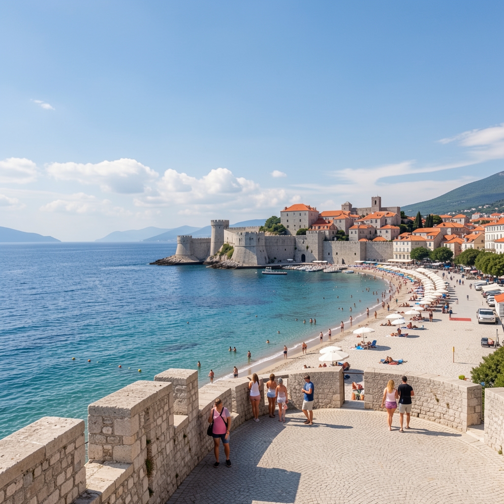 Pretrpana plaža u Dubrovniku s turistima, vedro ljetno nebo, pogled s utvrde Lovrijenac
