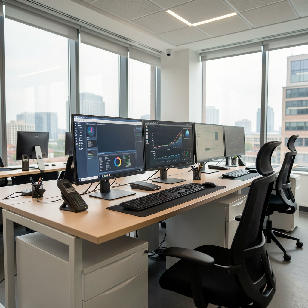 Moderni ured s ekranima i informatičkom opremom, digitalna transformacija javnog sektora