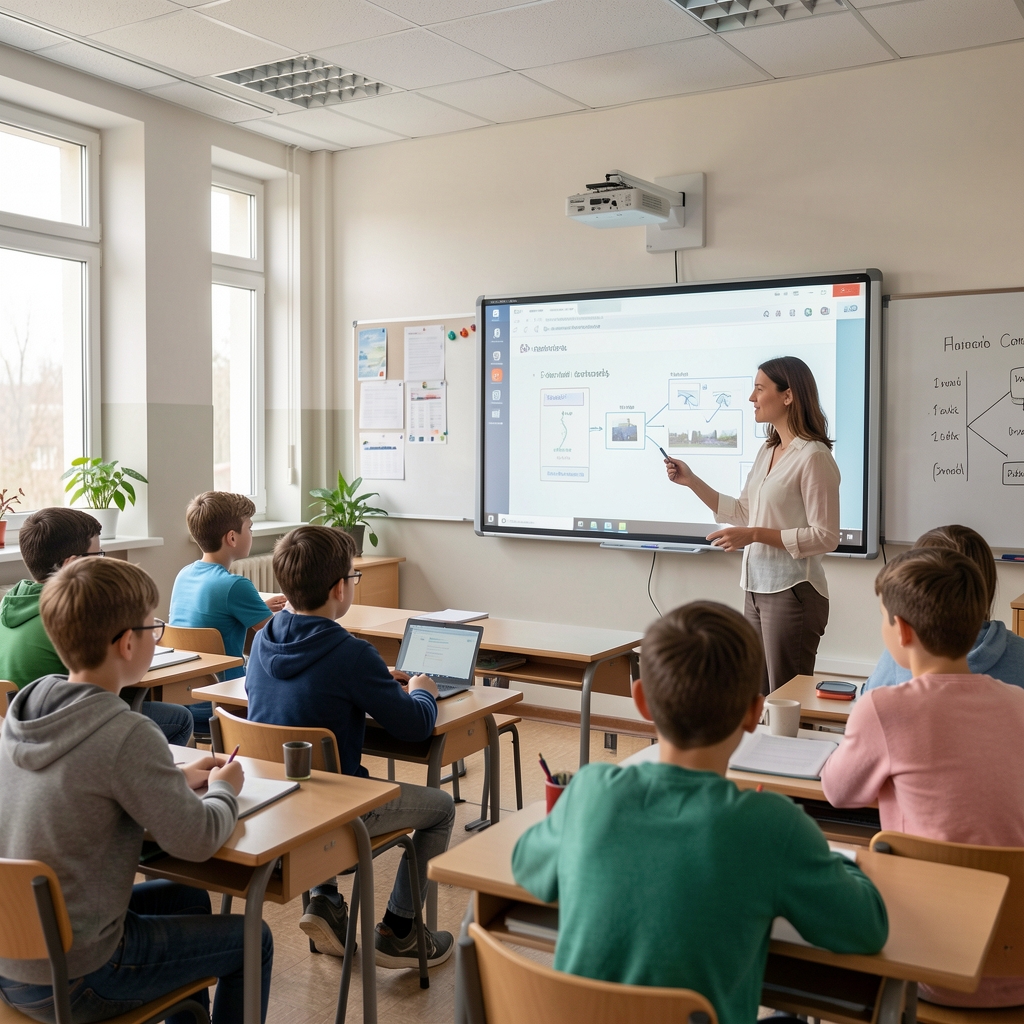 Učenici u modernoj školskoj učionici s digitalnim tablama i laptopima, nastavnik demonstrira lekciju putem projekcije